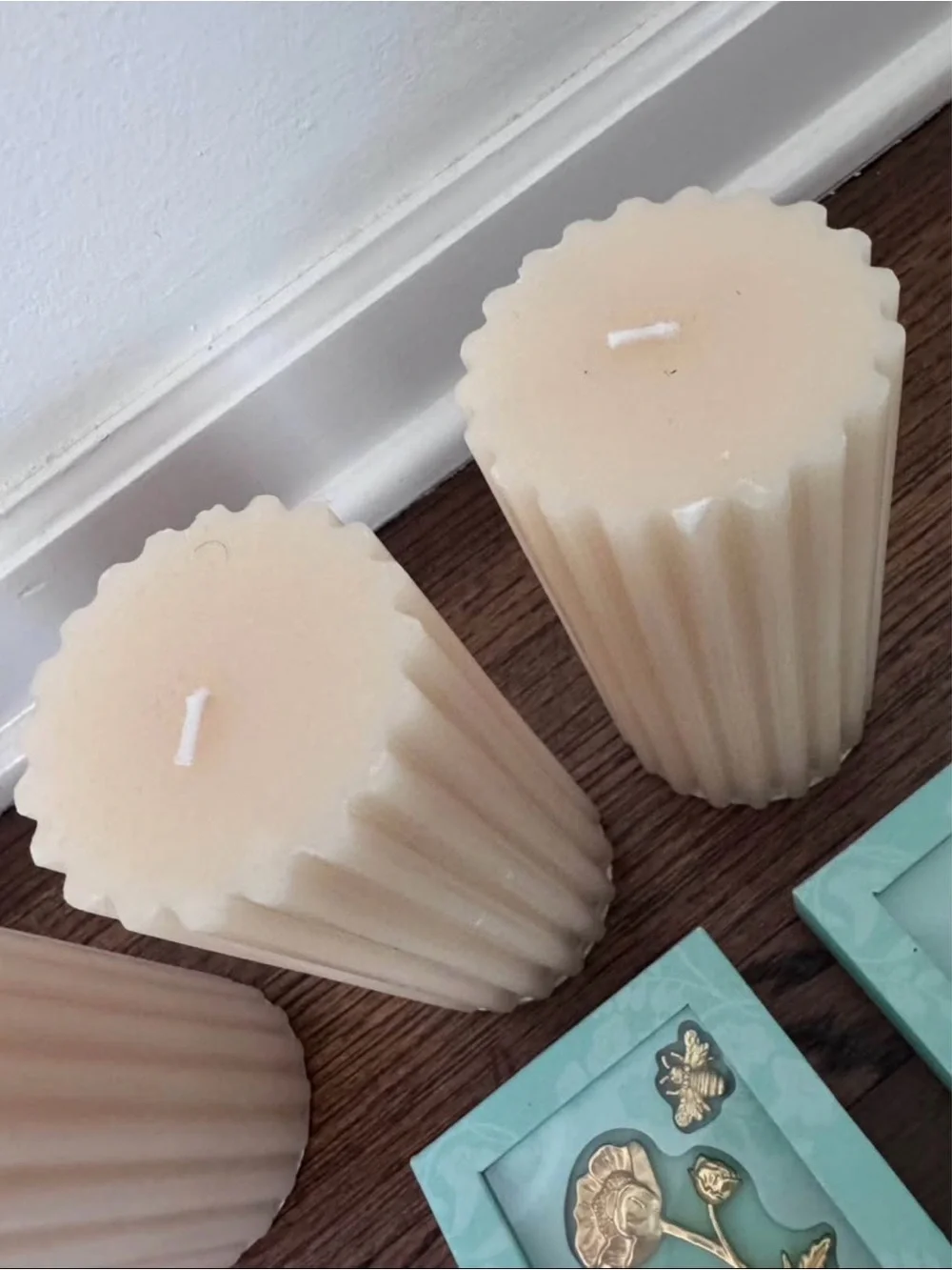 Anthropologie Cream Fluted Pillar Candles with Gold Floral Charms